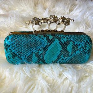 Blue Faux Snakeskin Clutch with Skull Knuckle Handle